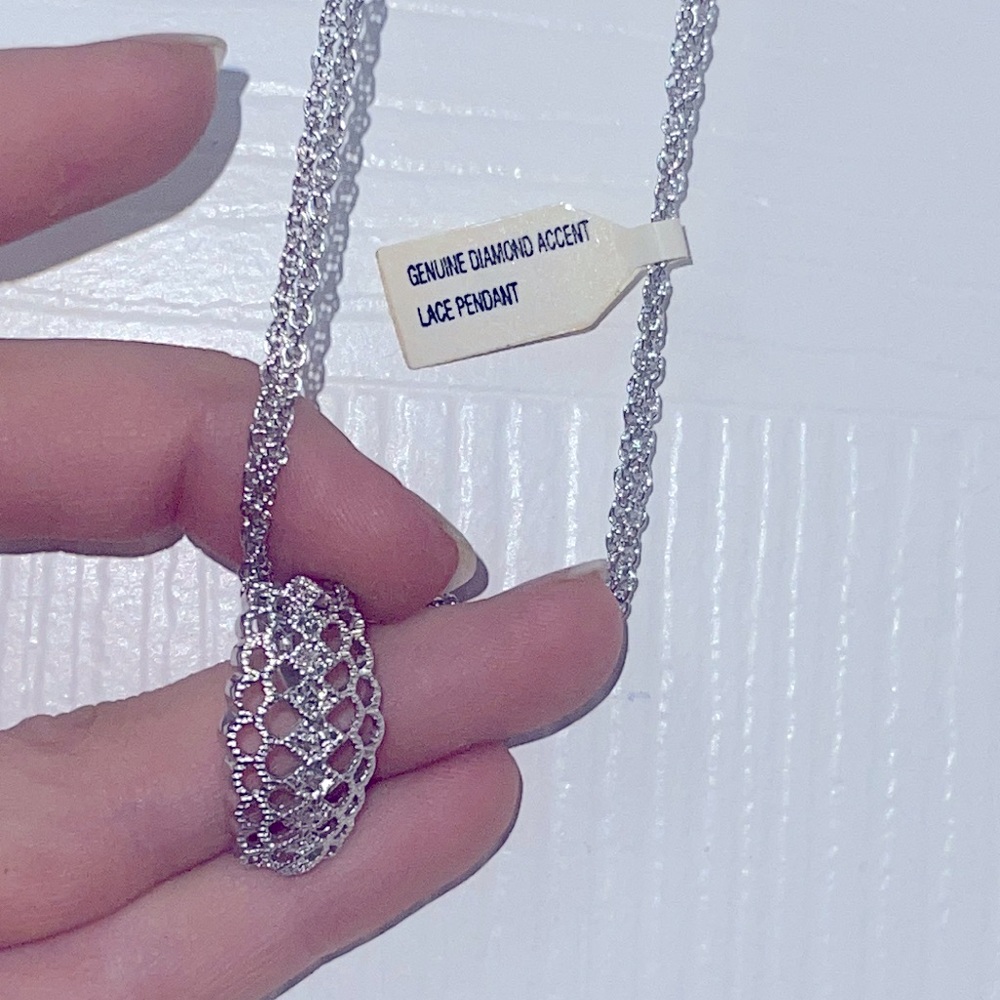 Lace Pendant Necklace with Genuine Diamond Accent - Silver plated